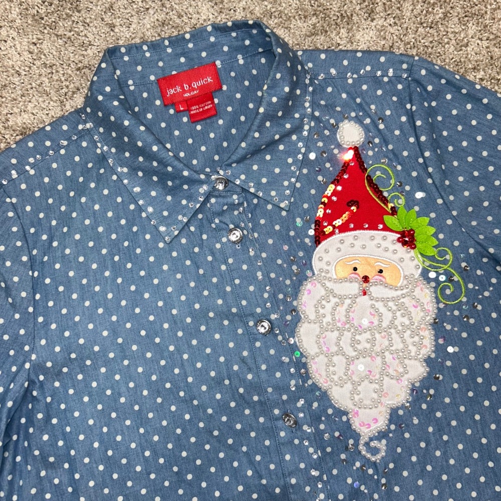 Jack B Quick Embellished Santa‎ Claus Polka Dot Holiday Button Front Women Large